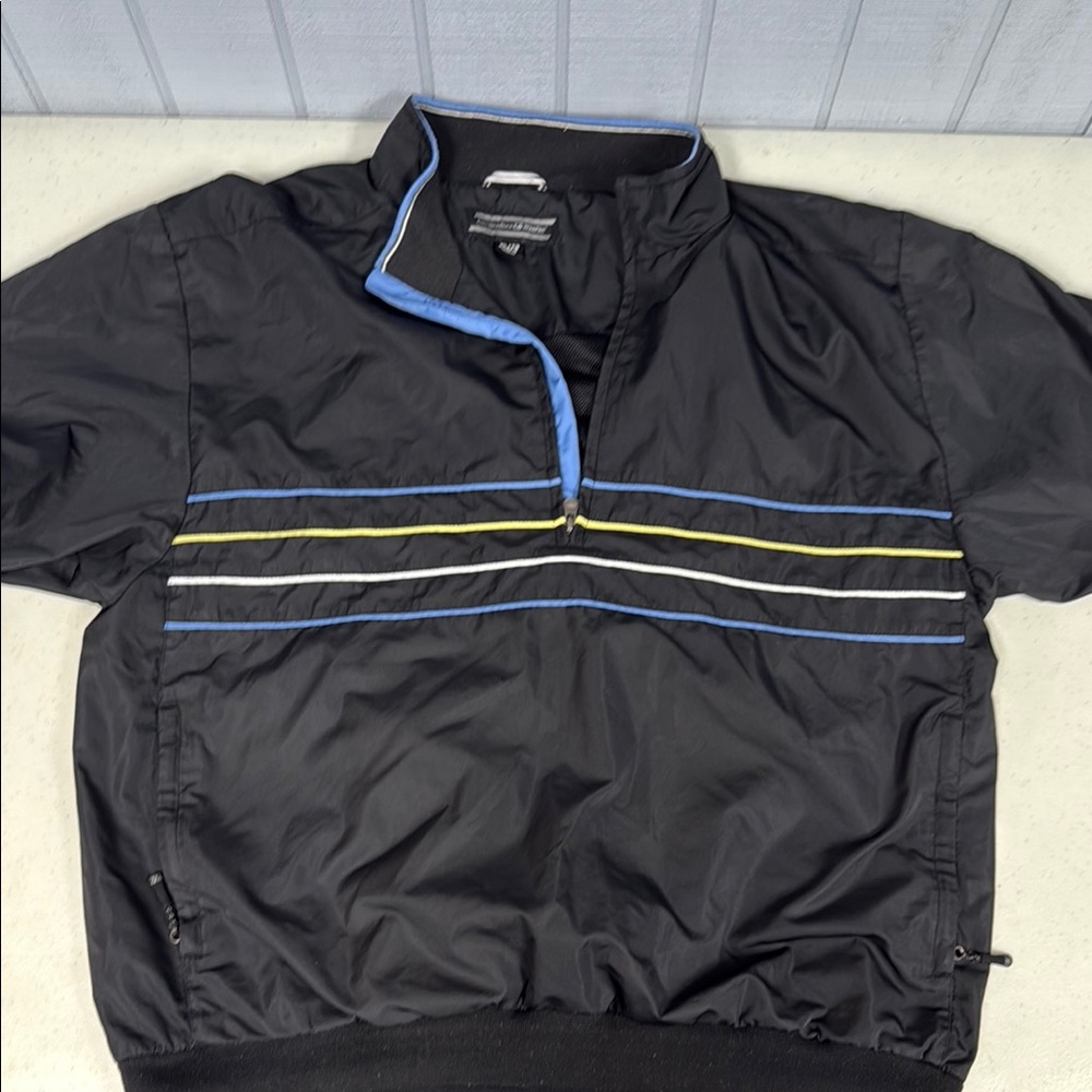 Black Windbreaker with Blue and Yellow Stripes